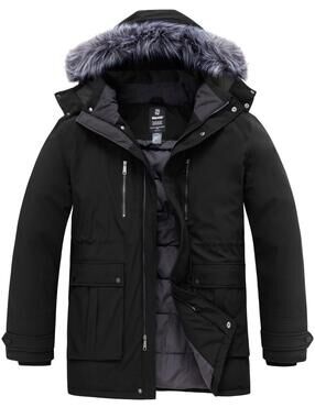 Wantdo Men's Winter Parka Jacket 3XLT Black Quilted Lined Faux Fur Hood Coat